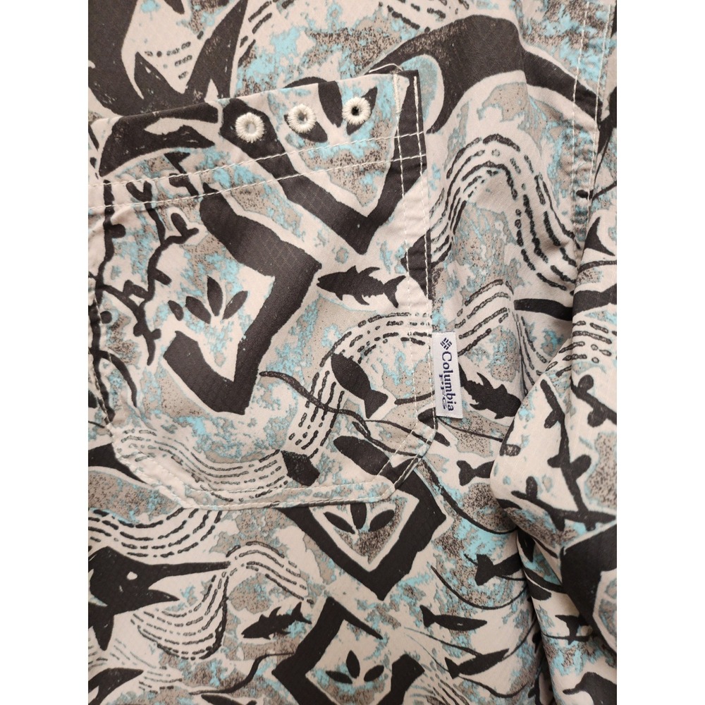 Columbia PFG Mens Fishing Shirt Short Sleeve Marlin Tribal Print Grey Blue L - Picture 2 of 5